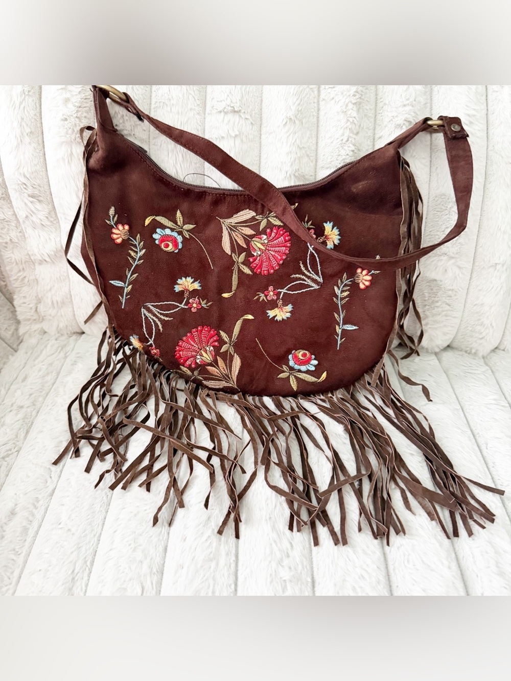 Vintage style faux suede fringe embroidered bohemian shoulder bag